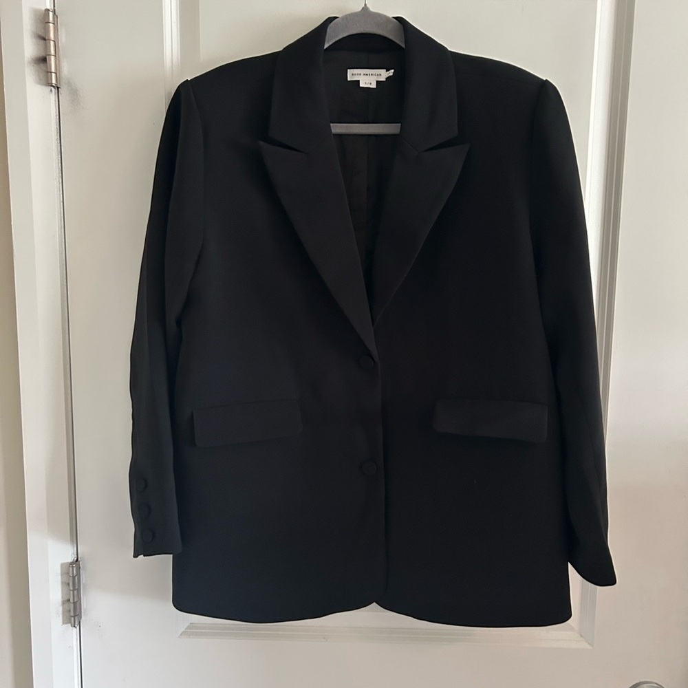 Good American Luxe Suiting Boyfriend Blazer Jacket Women's Size 1/2 Black NWOT